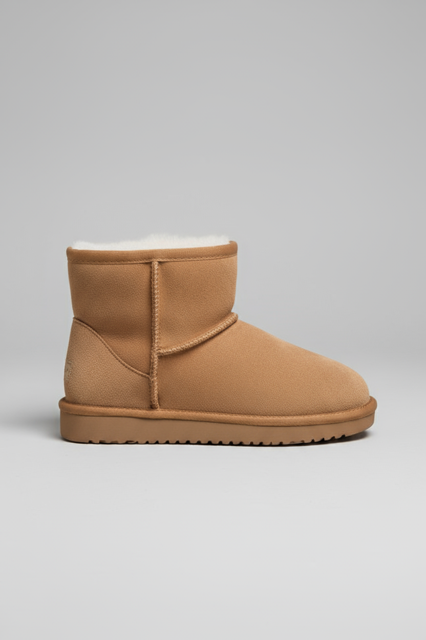 Women's tan ankle boots with faux fur lining, short shaft, and flat sole