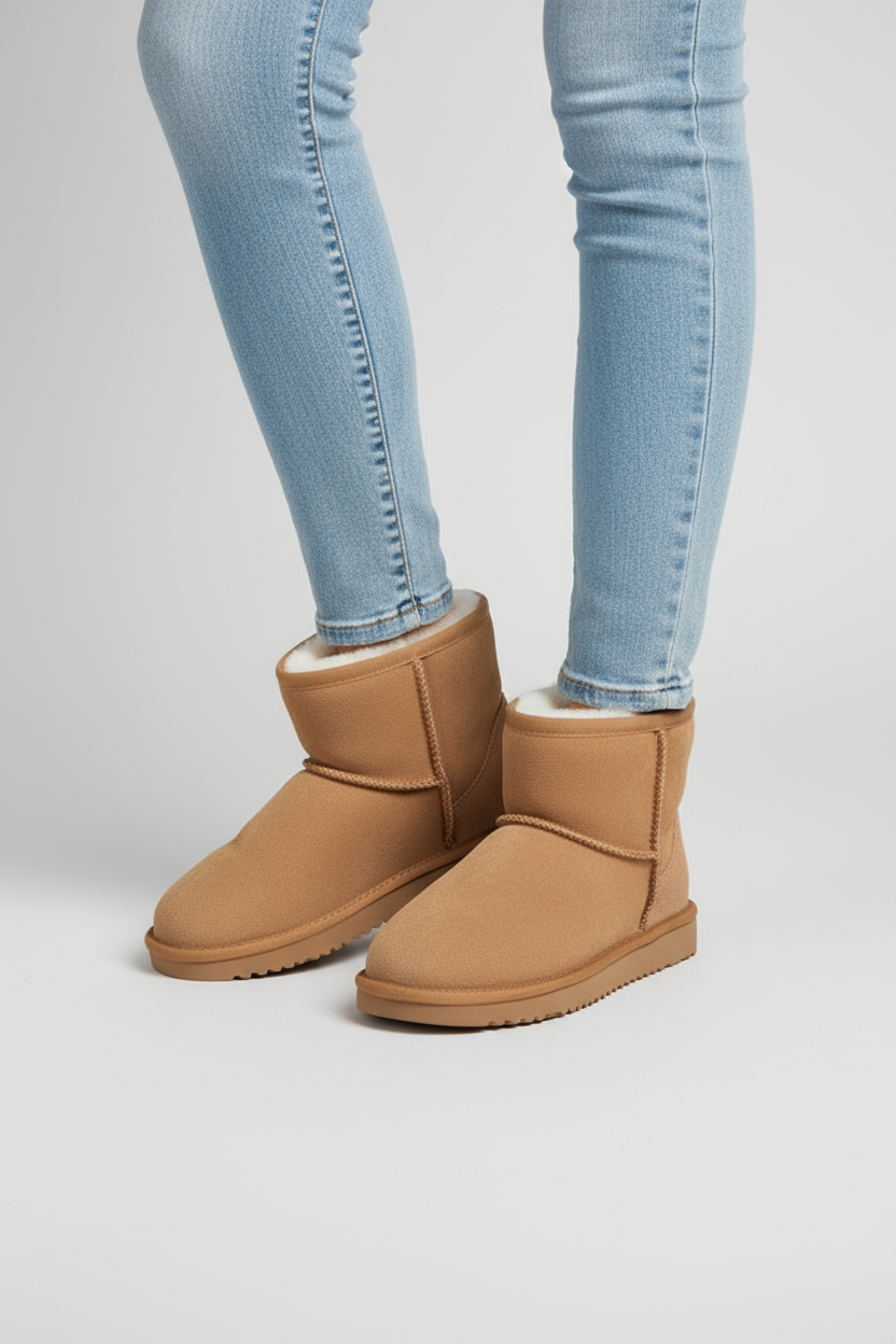 Women's tan ankle boots with faux fur lining, worn with light-wash jeans
