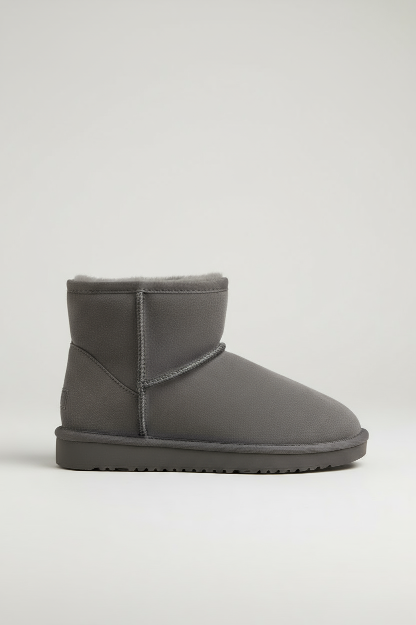 Women's grey ankle boots with faux fur lining and flat sole