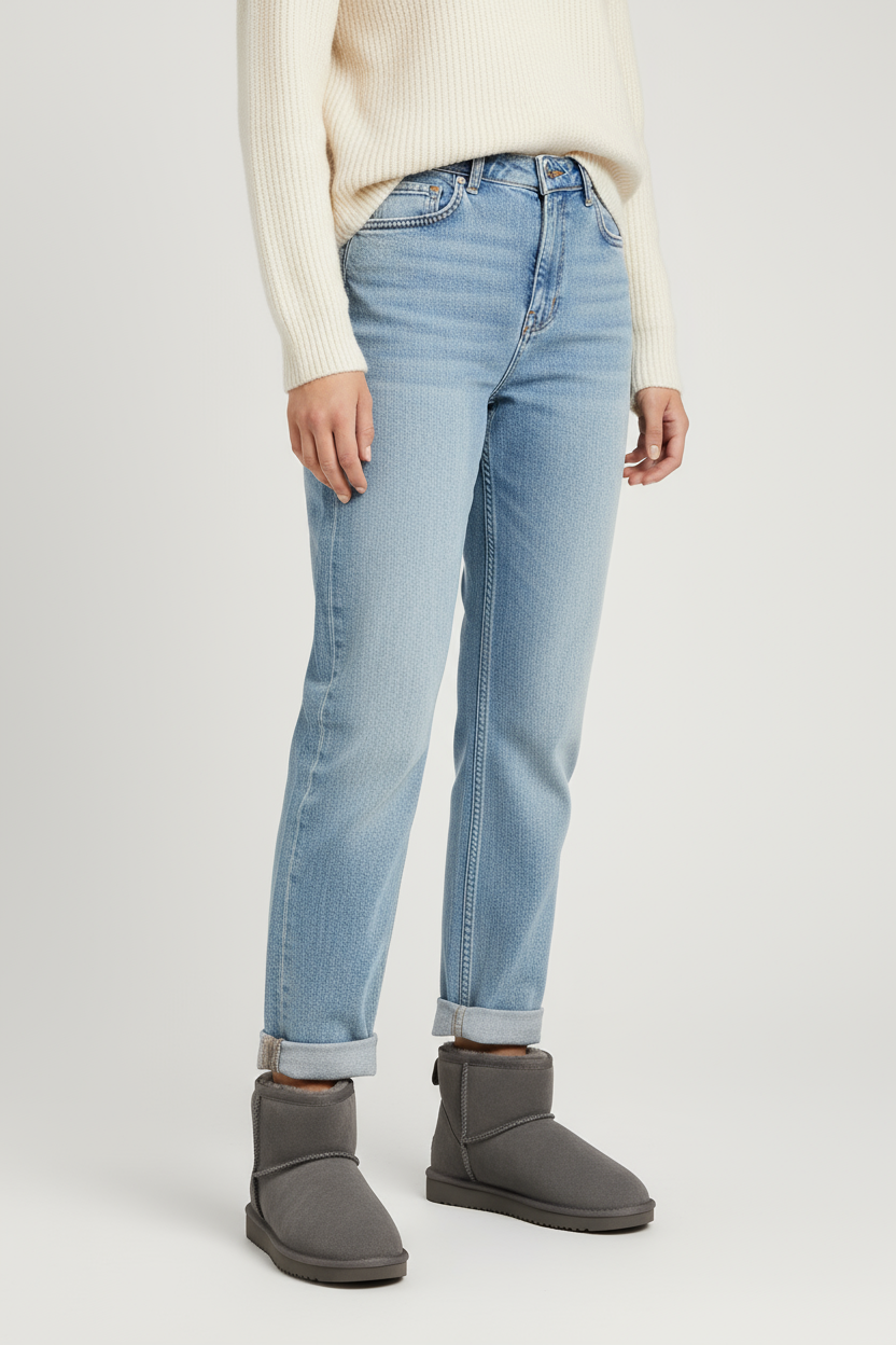 Women's grey ankle boots with faux fur lining worn with denim jeans