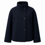 Women's double-breasted winter coat, high stand collar, navy, button front