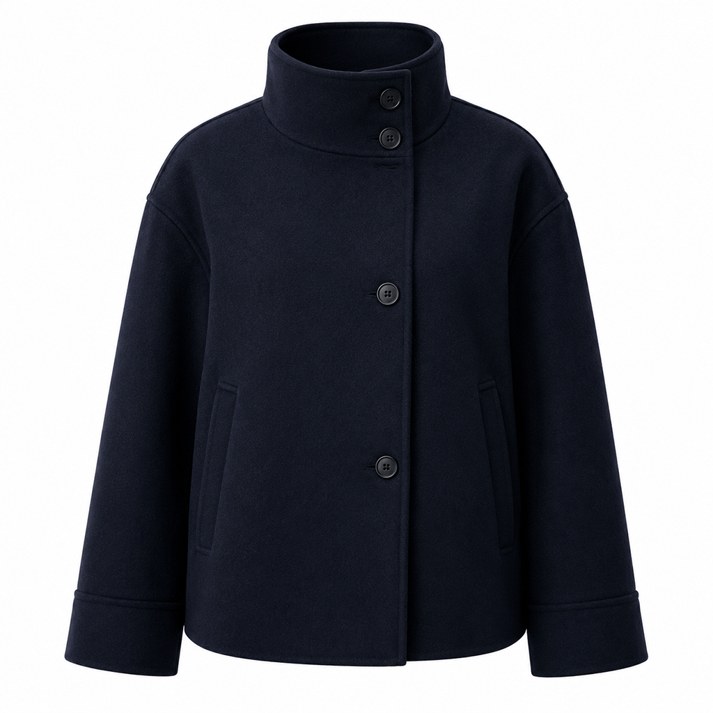 Women's double-breasted winter coat, high stand collar, navy, button front