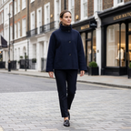 Women's oversized winter coat, high collar, long sleeves, navy button front