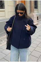 Women's double-breasted winter coat with high collar, relaxed fit, navy