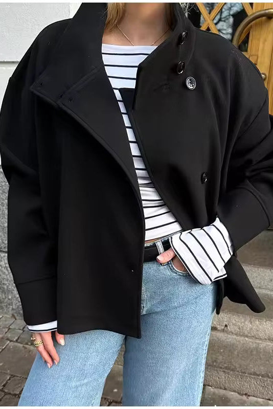 Women’s relaxed double-breasted winter coat, black, button-front with lapel detail