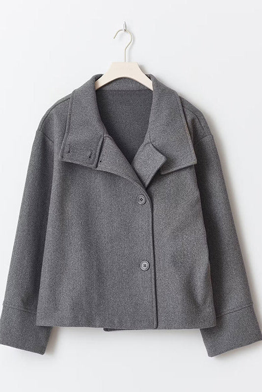 Women’s relaxed double-breasted winter coat, dark grey, button closure with lapels