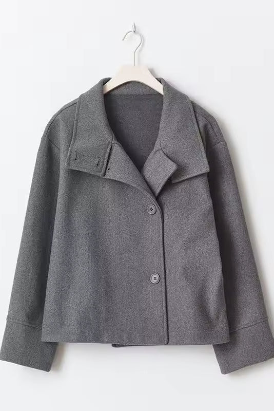 Women’s relaxed double-breasted winter coat, grey, button closure with lapels on hanger