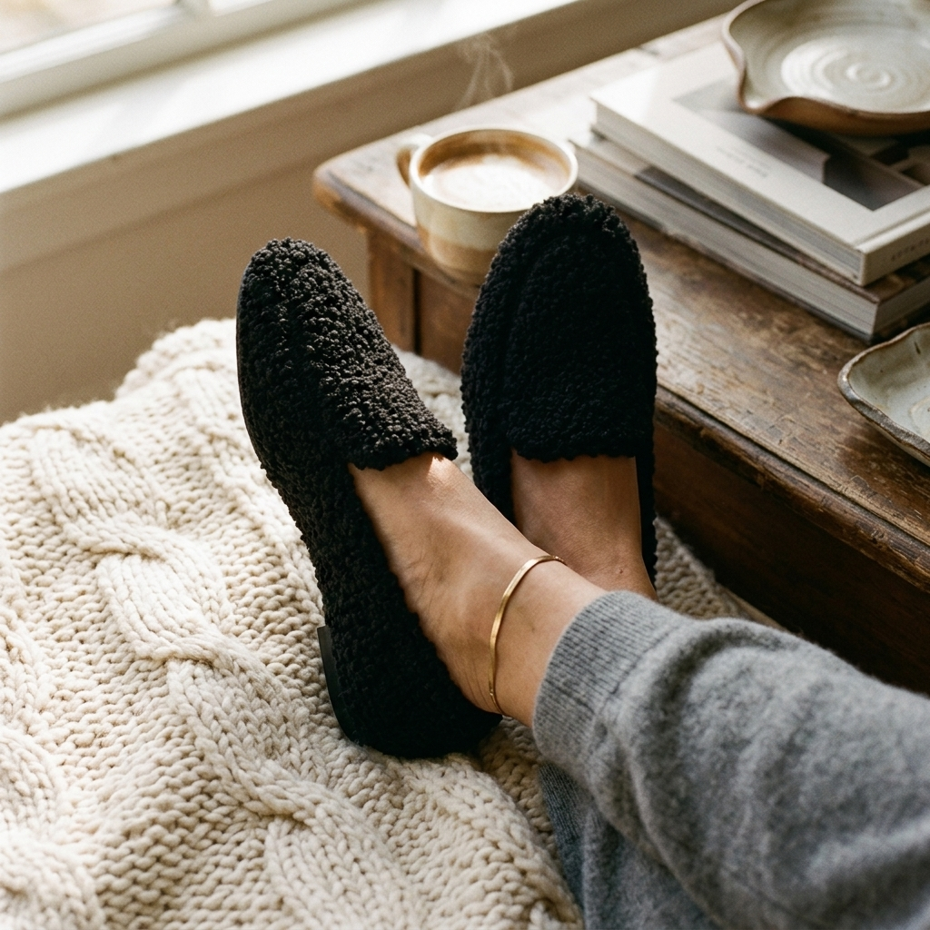Black fleece-lined slip-on teddy slippers on a foot, closed-toe moccasin style