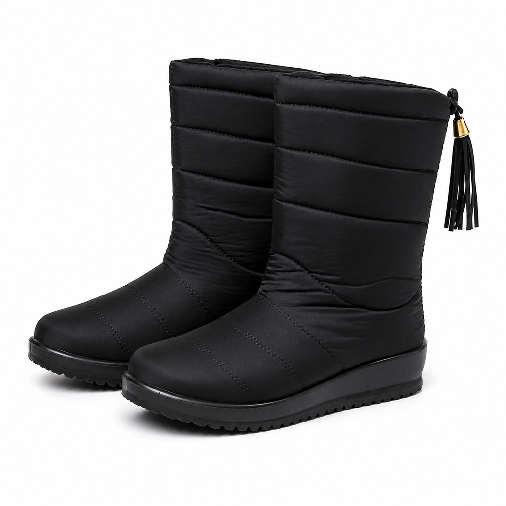 Women's mid-calf winter boots, padded black with tassel pull and non-slip sole.
