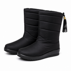 Women's mid-calf winter boots, padded black with tassel pull and non-slip sole.