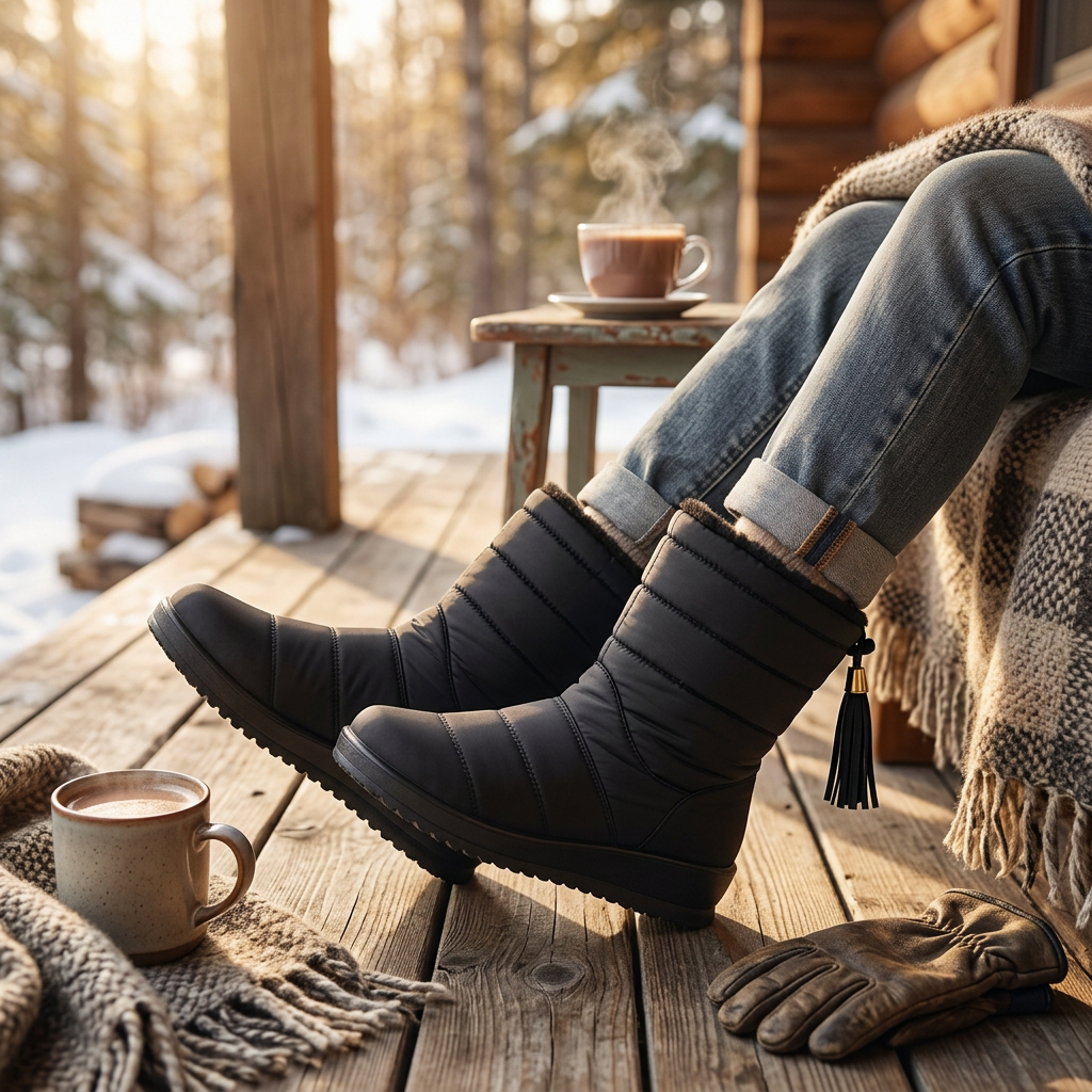 Women's dark winter boots with quilted panels, drawstring ankle and tassel trim.