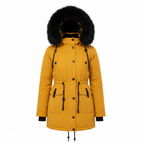 Women’s yellow parka coat with black fur hood, snap front, and front pockets