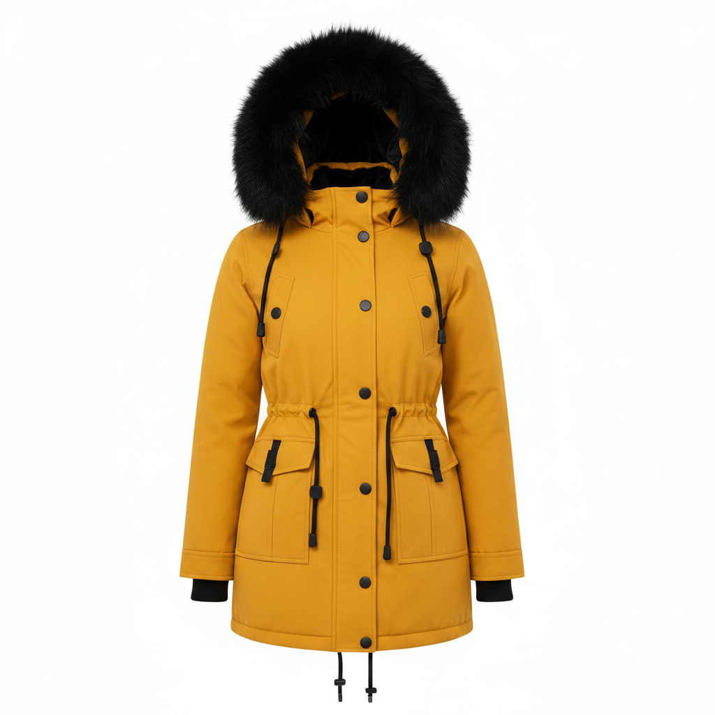Women’s yellow parka coat with black fur hood, snap front, and front pockets