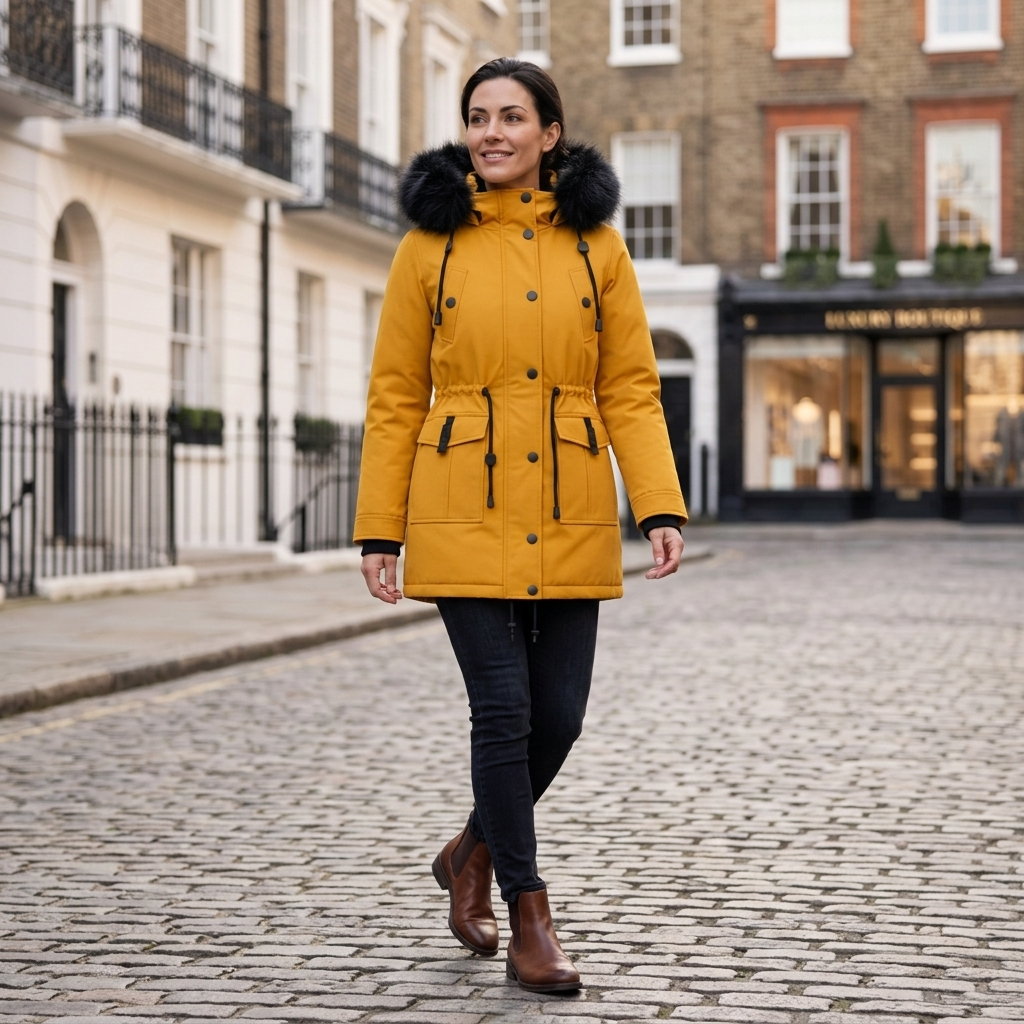 Women’s yellow parka coat with faux-fur trimmed hood, button front, cinched waist