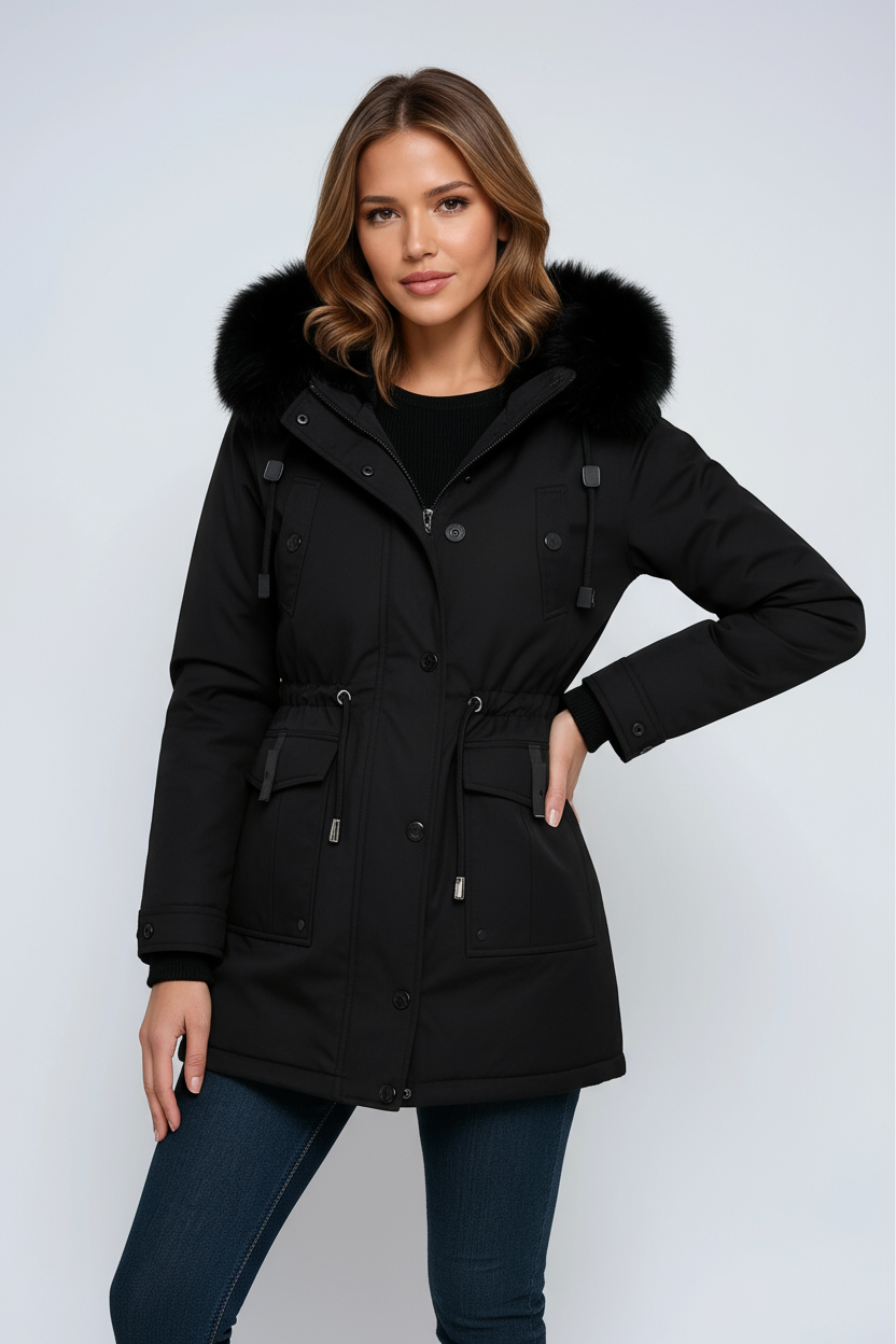 Women’s black parka coat with black fur hood, snap front, and drawcord waist