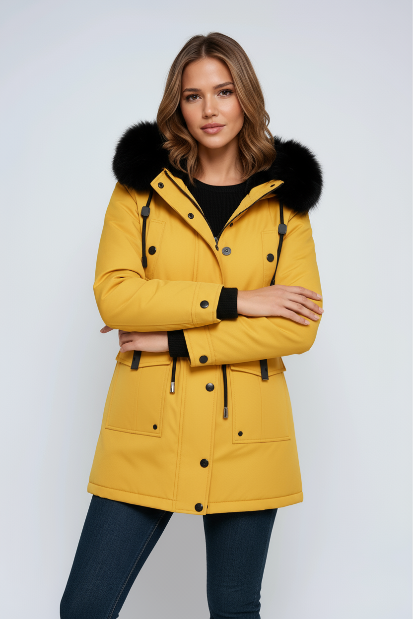 Women’s yellow parka coat with black fur trim hood and buttoned front pockets