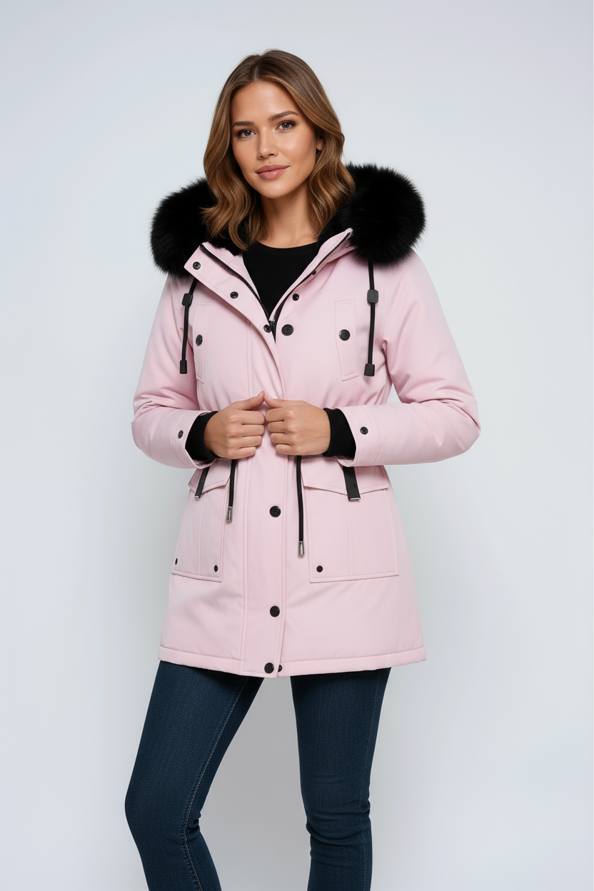 Women’s pink parka coat with faux fur hood, button front, and utility pockets