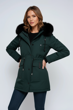 Women’s dark green parka coat with black fur hood, snap front, and drawstring
