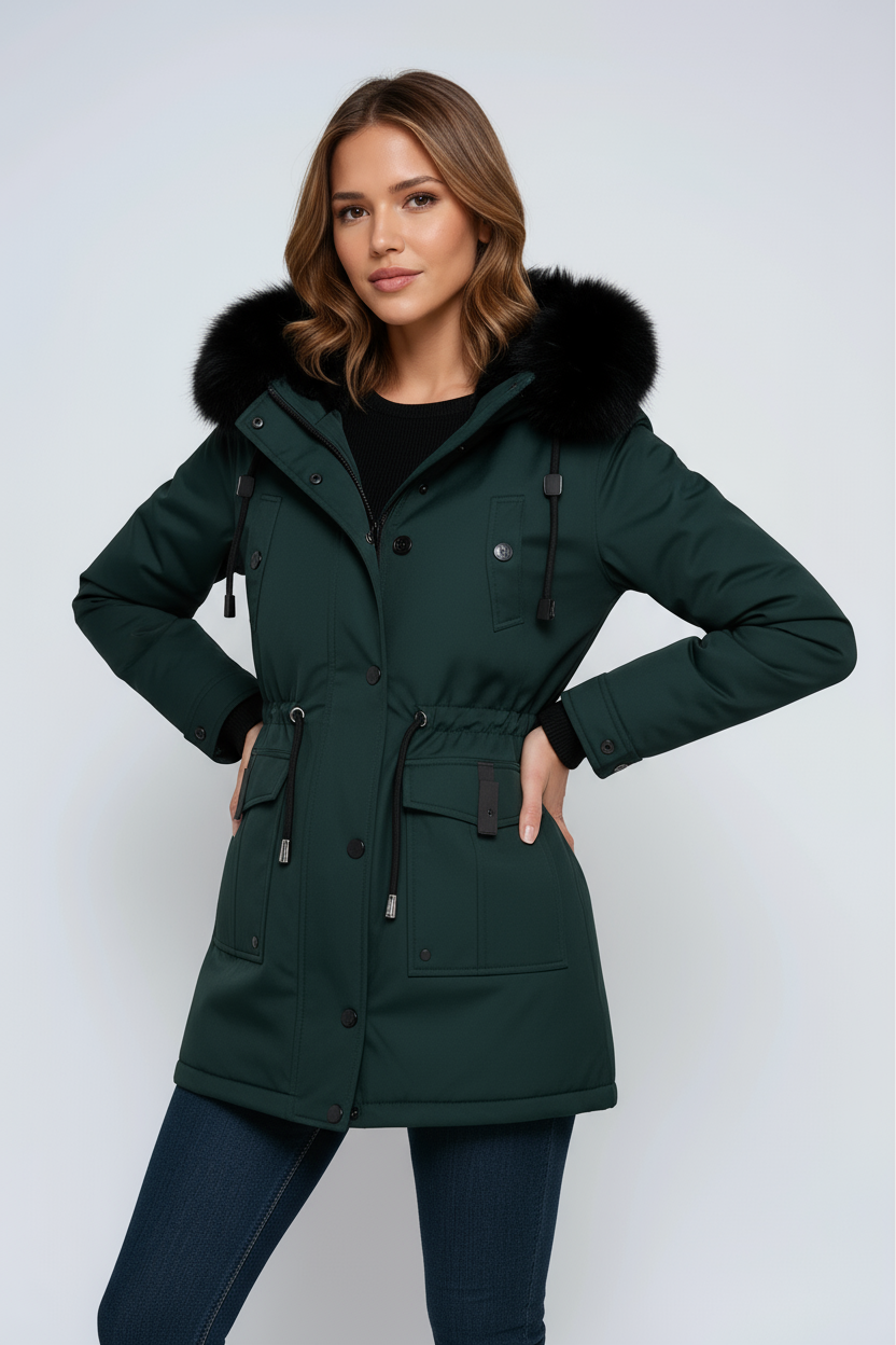 Women’s dark green parka coat with black fur hood, snap front, and drawstring