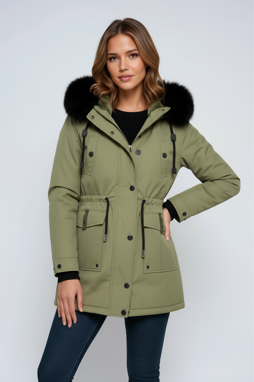 Women’s olive green parka coat with faux fur hood, snap front, and side pockets