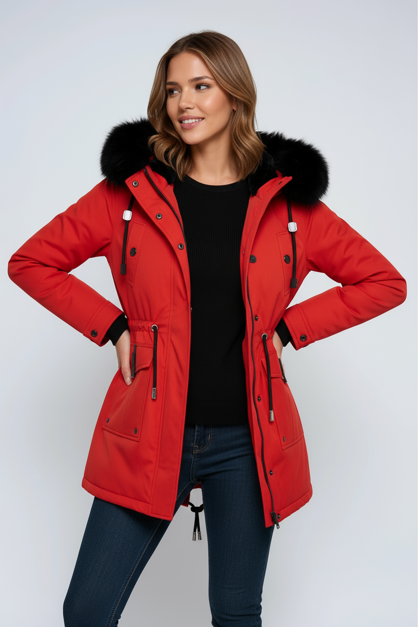 Women’s red parka coat with black fur hood, snap front, and adjustable drawcord