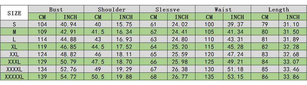 Size chart table for parka: bust, shoulder, sleeve, waist, and length in cm/in