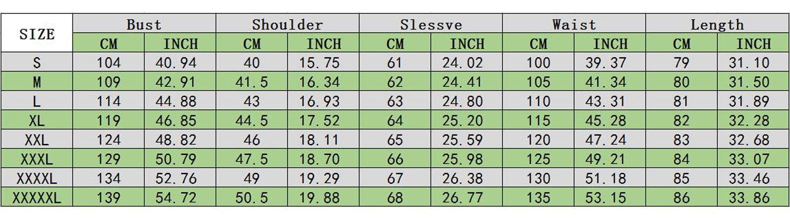 Size chart table for parka: bust, shoulder, sleeve, waist, and length in cm/in