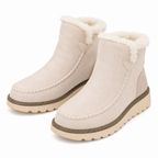 Beige women's suede-look ankle boots with faux fur trim, contrast stitching, textured sole