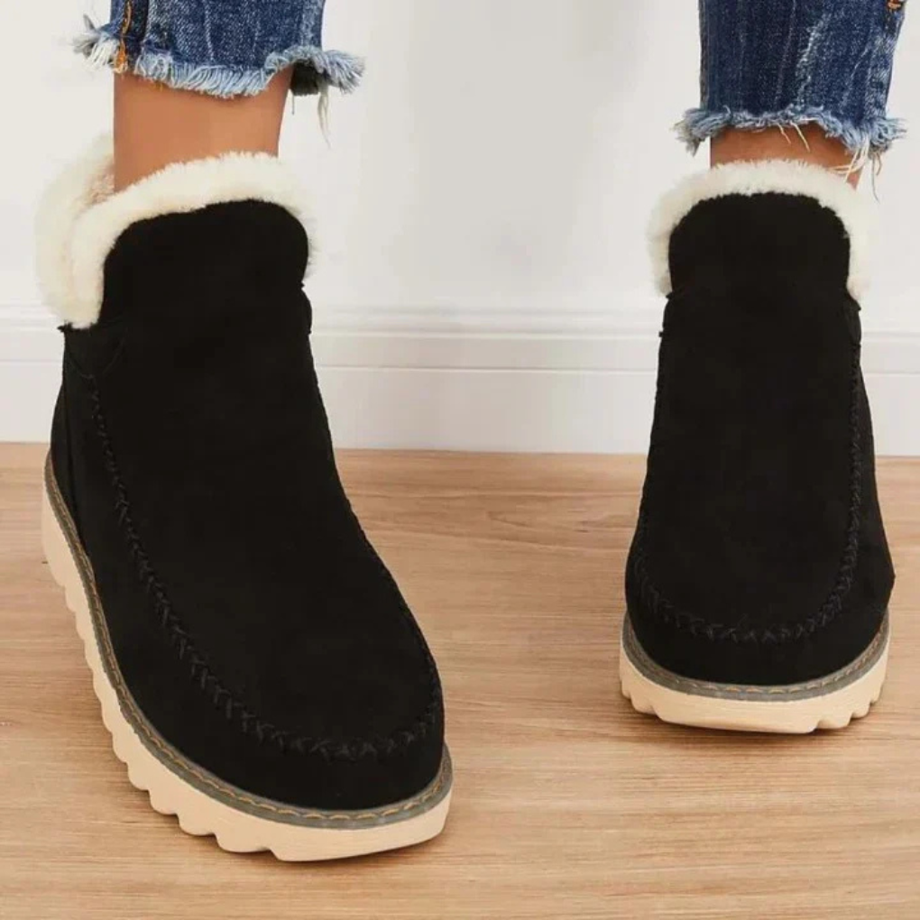 Black slip-on winter boots with faux fur trim and textured side panels