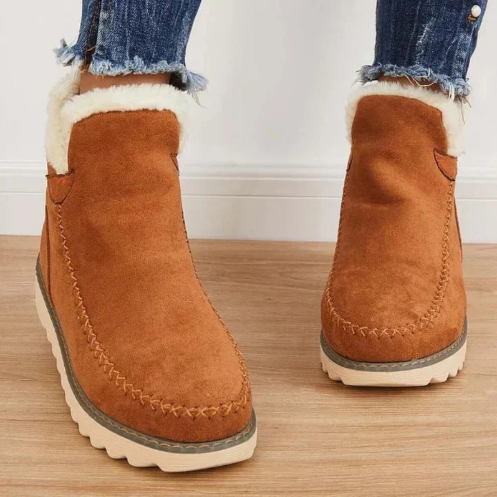 Brown slip-on winter boots with faux fur cuff and stitched seam detail