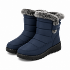 Women's blue waterproof snow boots, fur-lined slip-on with grippy rubber sole