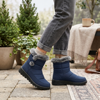 Women's blue fur-trimmed waterproof snow boots with chunky treaded rubber sole