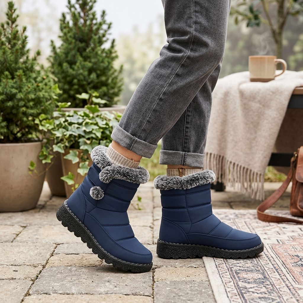 Women's blue fur-trimmed waterproof snow boots with chunky treaded rubber sole
