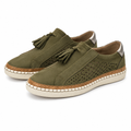 Green perforated slip-on walking shoes with tassel detail and cushioned flexible sole