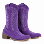 Women's purple western boots, mid heel, embroidered pointed toe, pull-on zipper