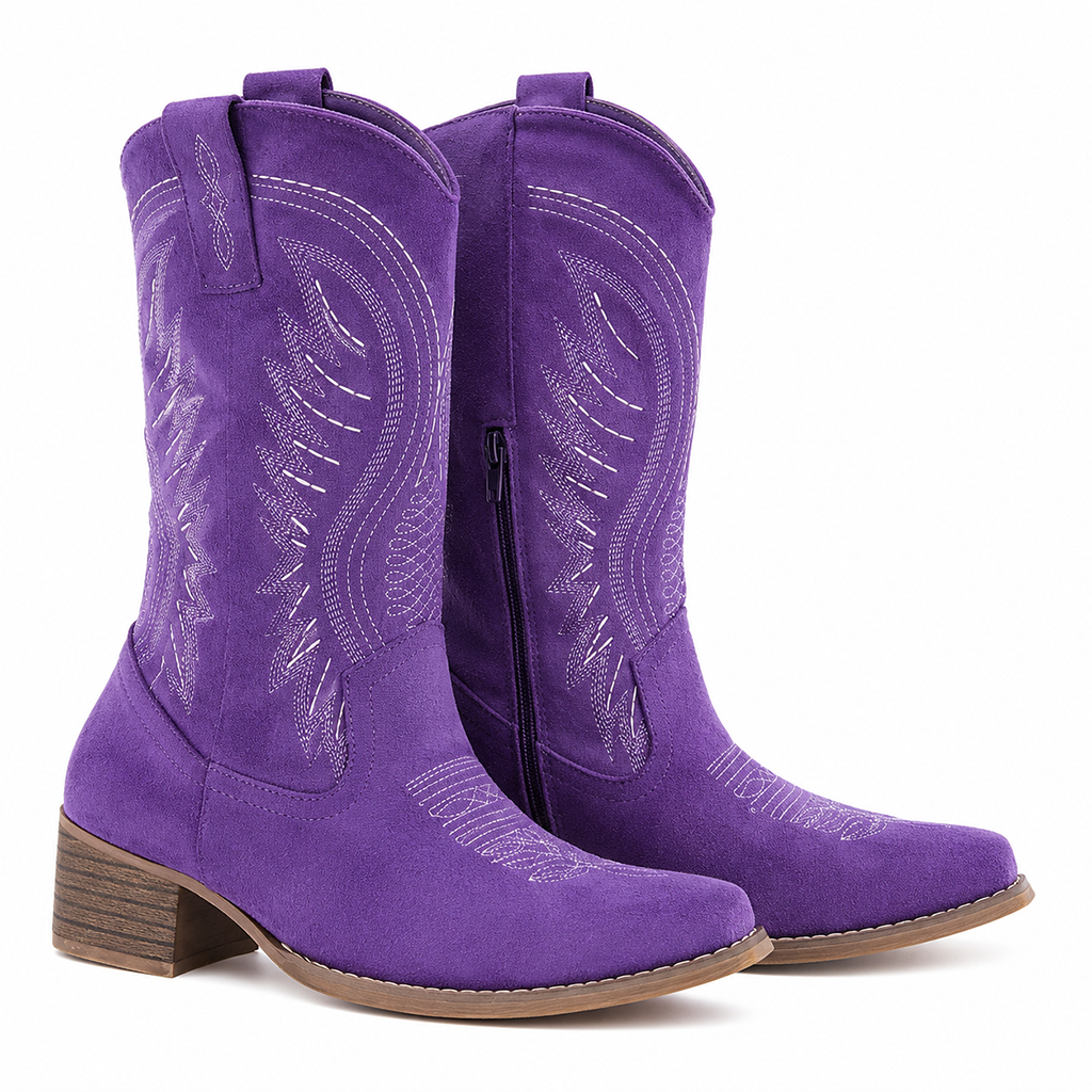 Women's purple western boots, mid heel, embroidered pointed toe, pull-on zipper