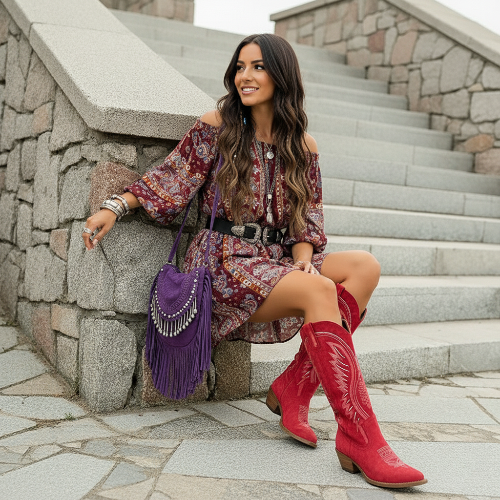 Red cowboy boots with white embroidery, pointed toe, and mid-heel block