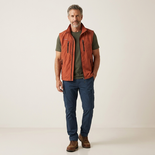 Men's red cargo vest with zip front and chest pockets, mesh-lined, water resistant
