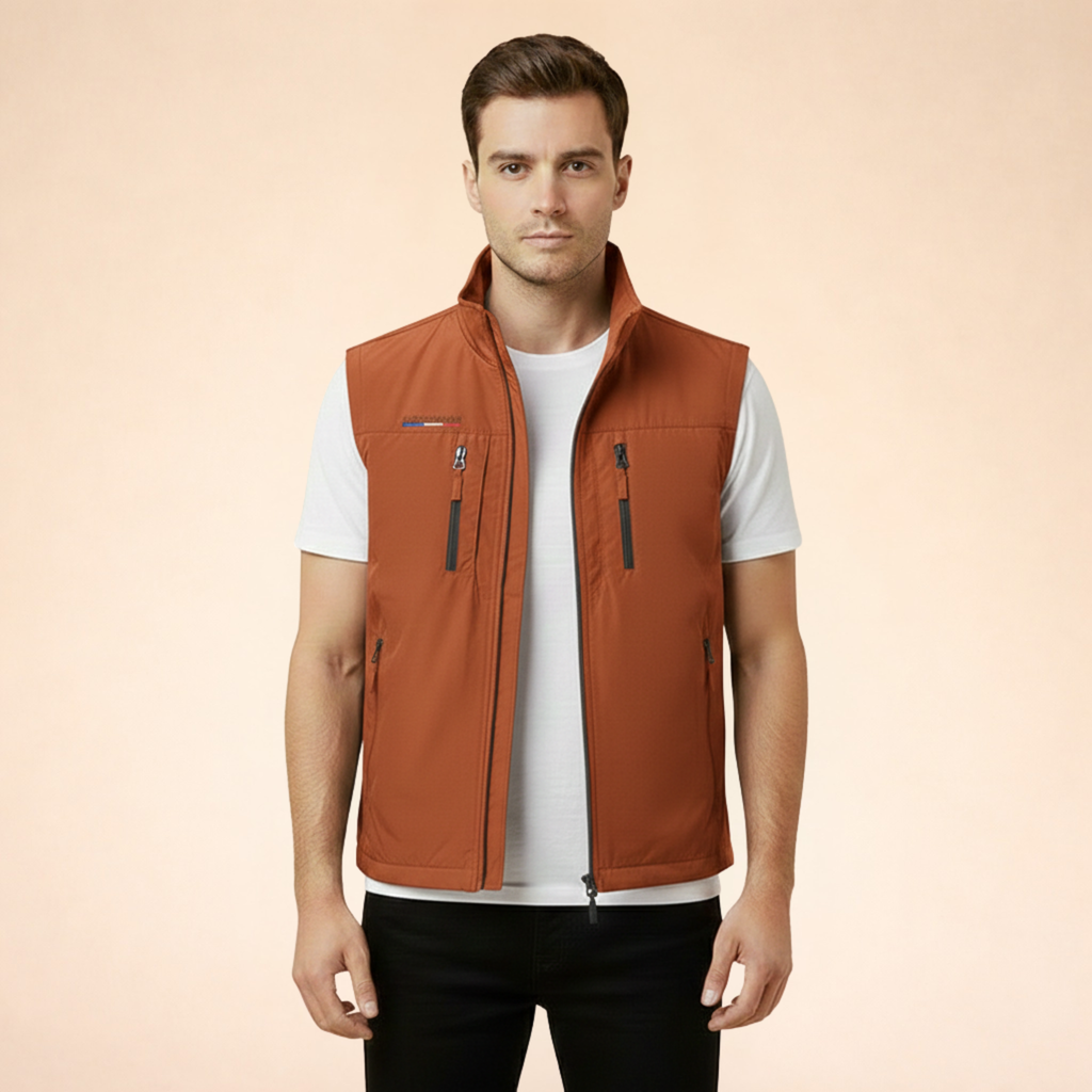 Red sleeveless cargo vest with full-zip front and two chest utility pockets, worn over a shirt