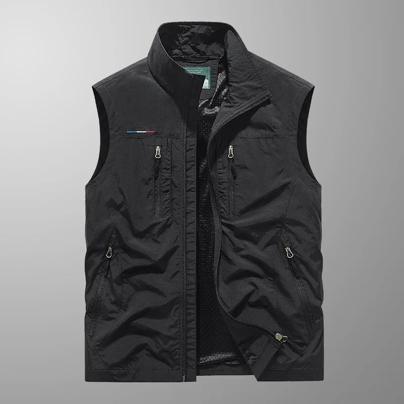 Black sleeveless cargo vest with full-zip front and chest flap pockets