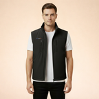 Black sleeveless cargo vest with full-zip front, stand collar, and zip chest pockets