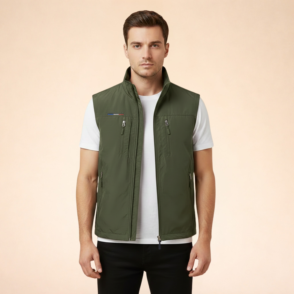 Green sleeveless cargo vest with full-zip front and two zippered chest pockets