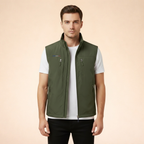 Green sleeveless cargo vest with full-zip front and two zippered chest pockets