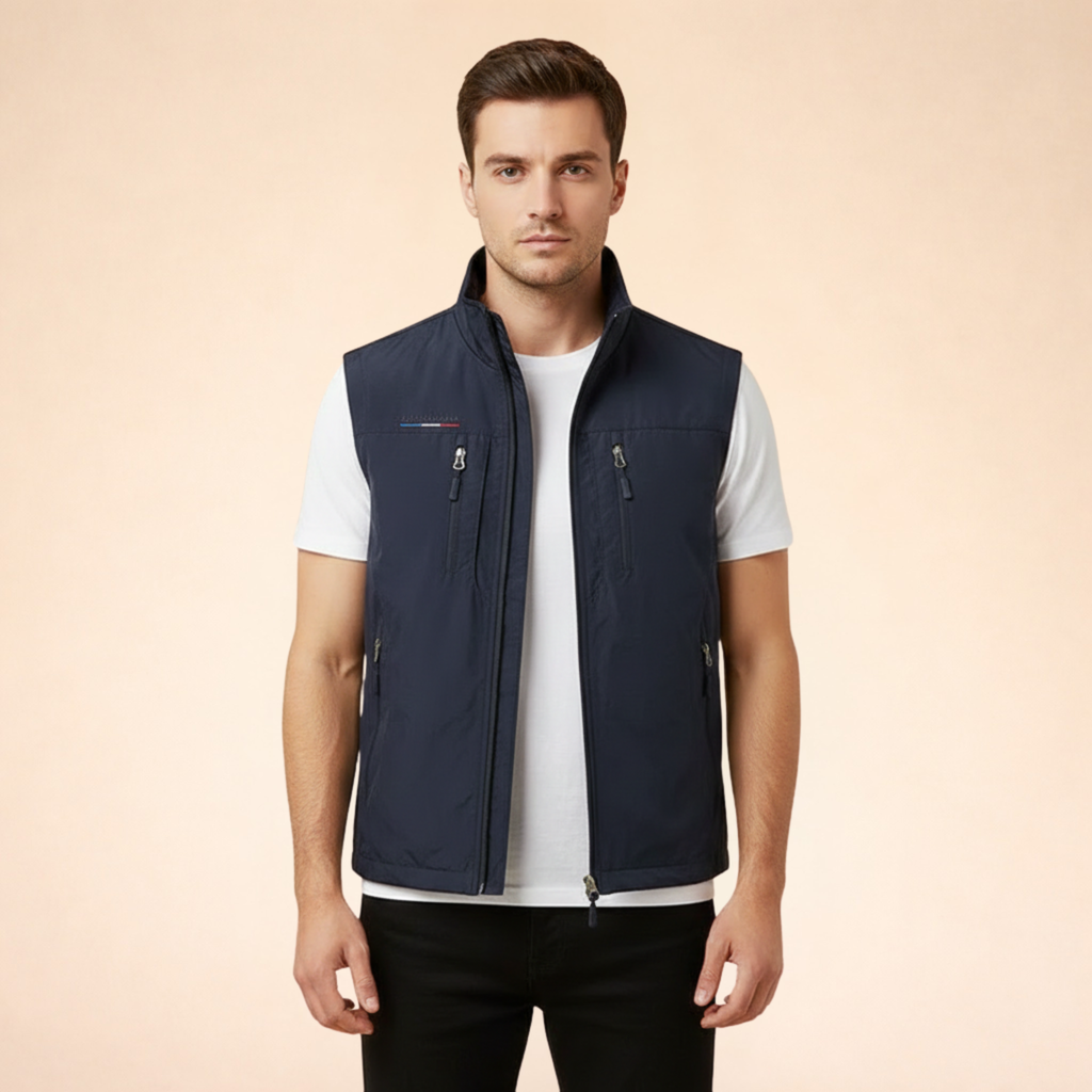 Navy blue sleeveless cargo vest with full-zip front and two zippered chest pockets