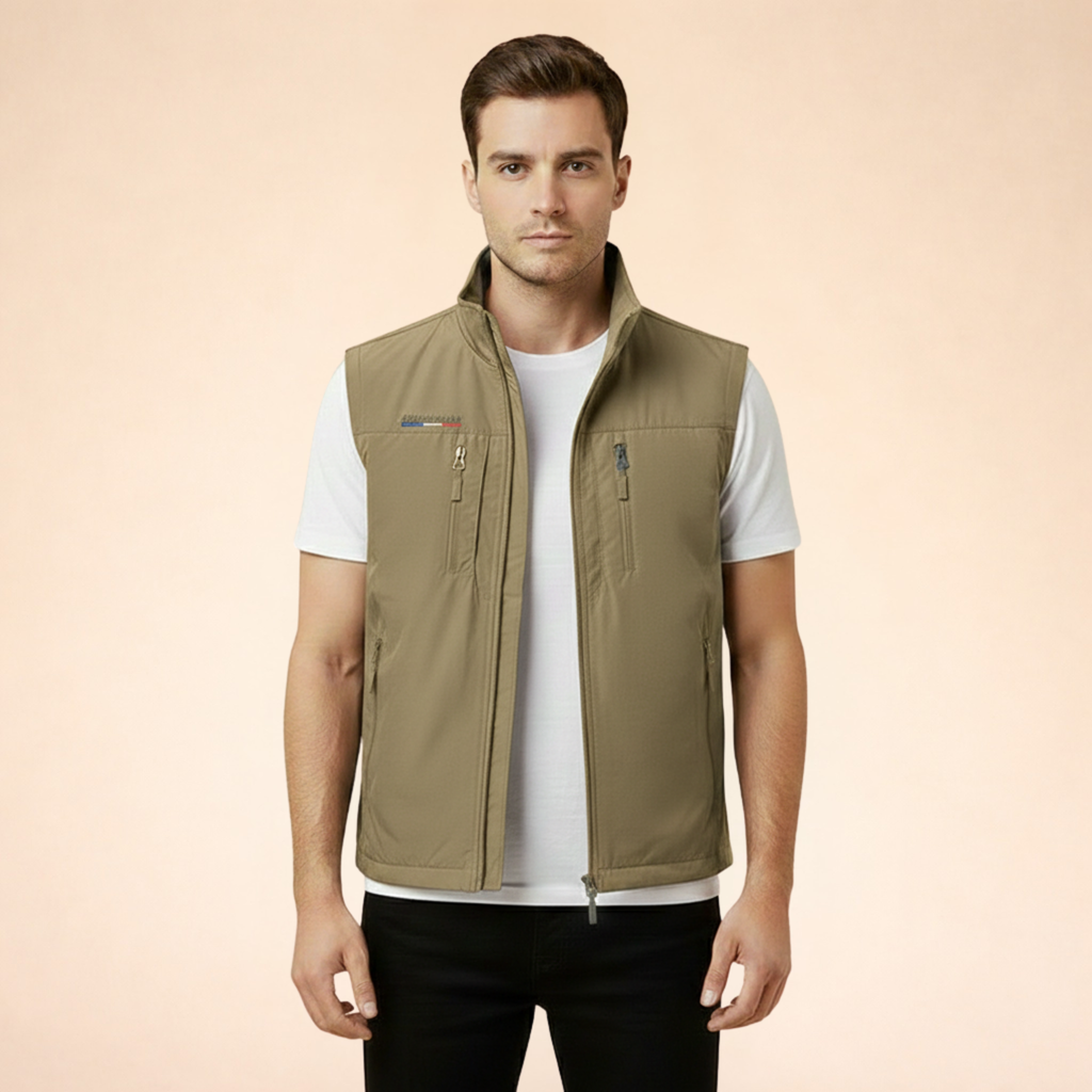 Khaki sleeveless cargo vest with full-zip front and zippered chest pockets