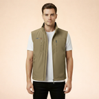 Khaki sleeveless cargo vest with full-zip front and zippered chest pockets