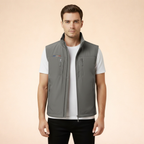 Gray sleeveless cargo vest with full-zip front and two zippered chest pockets