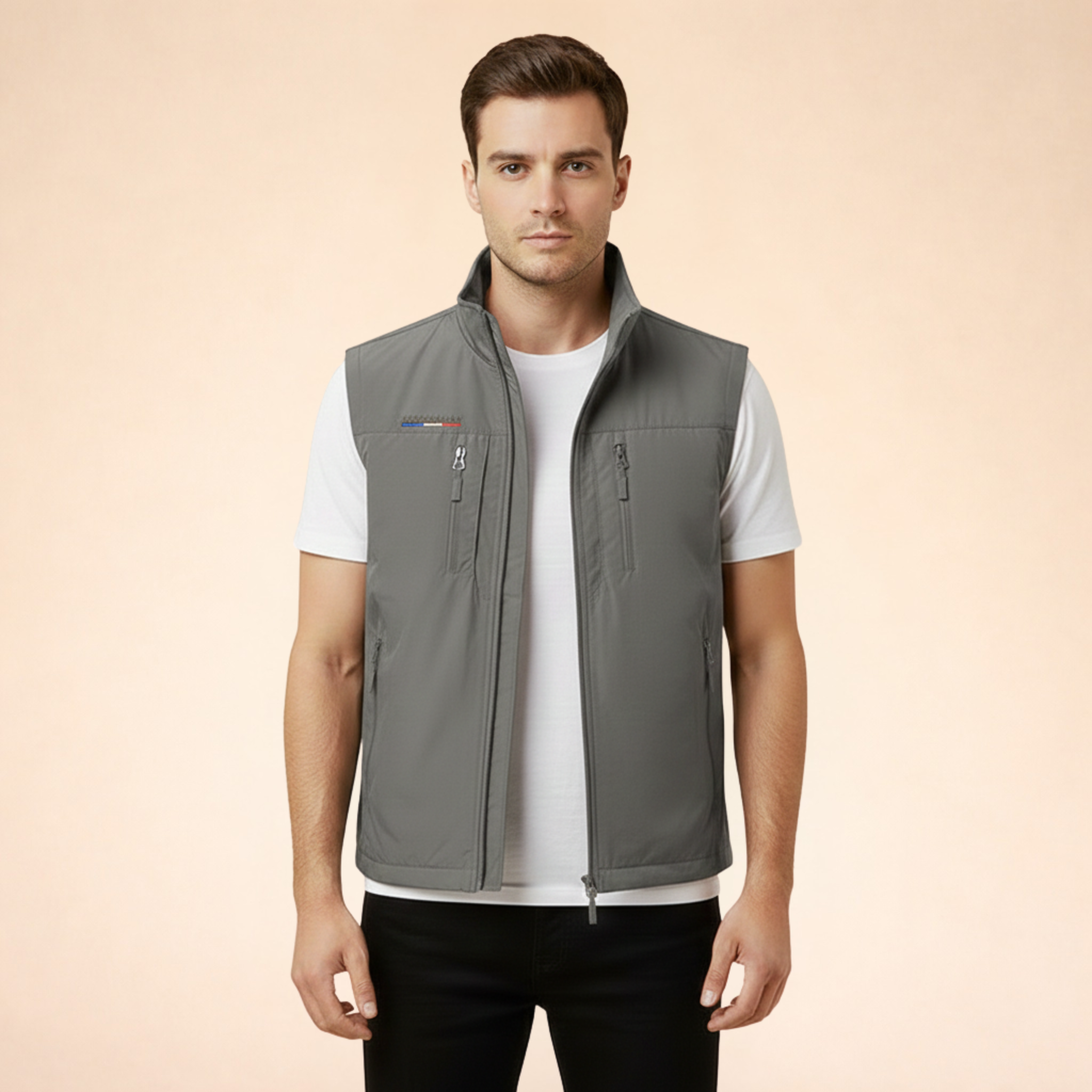 Gray sleeveless cargo vest with full-zip front and two zippered chest pockets