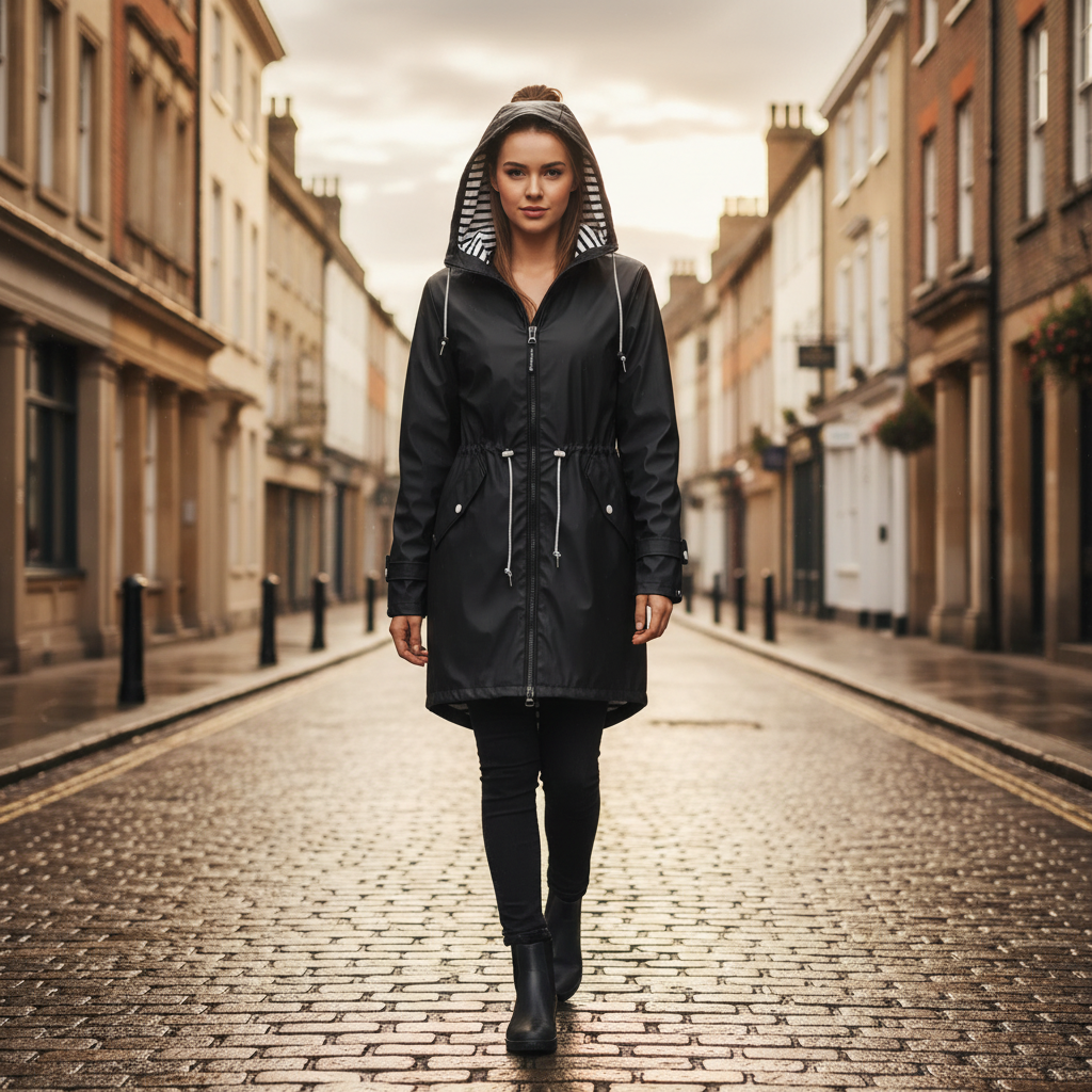 Black hooded waterproof raincoat with zip front and drawstring hem, worn by a woman
