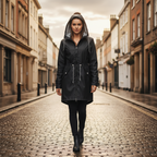Black hooded waterproof raincoat with zip front and drawstring hem, worn by a woman